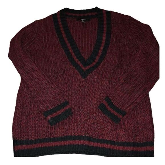 ✨Forever 21 Cable Knit Burgundy Varsity V Neck Striped Trim Sweater✨ - Picture 4 of 7